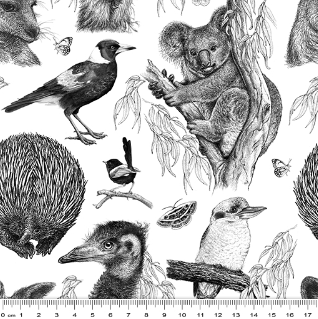 Fabric ~ Wildlife & Wildflowers B&W - Aussie Animals
