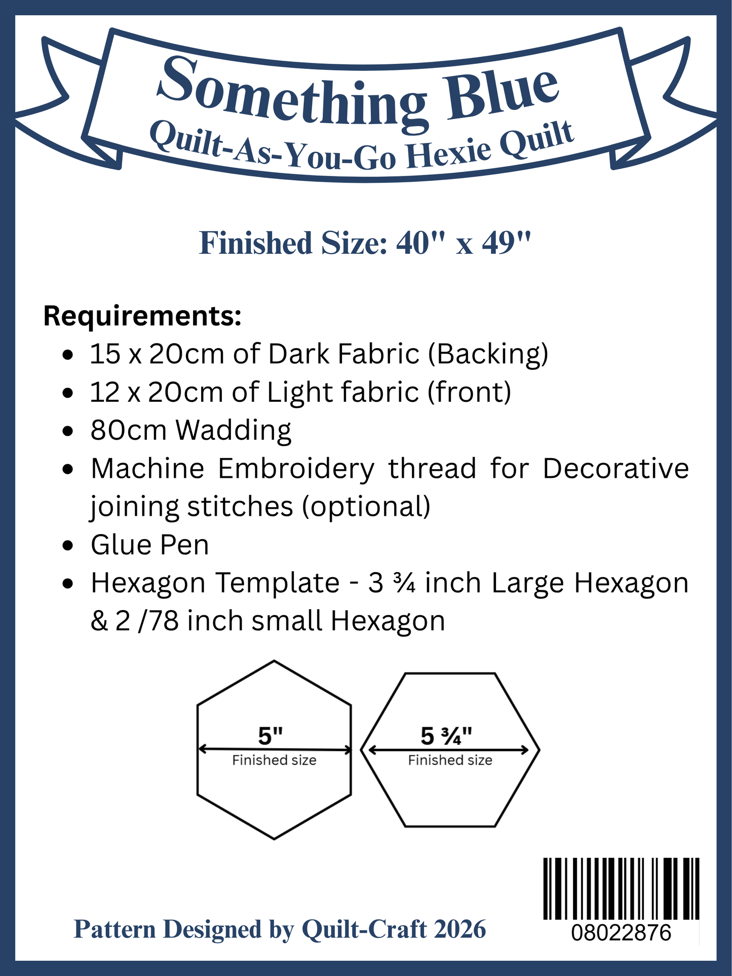 Pattern - 'Something Blue' Quilt-as-you-go Hexie Quilt with Templates