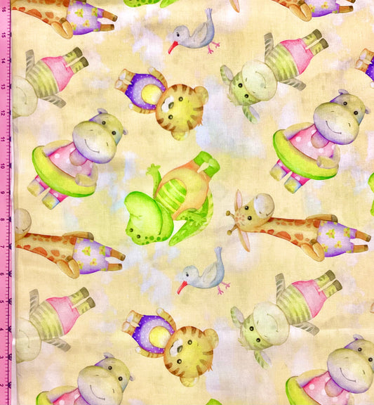 Wide Back Fabric - Cozy Snuggles Animals Yellow 4085C