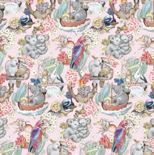 Fabric~ May Gibbs Gumnut Adventures Pink MG1010