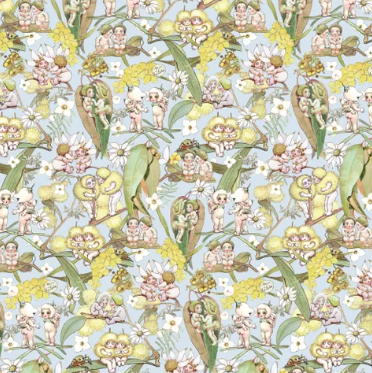Fabric~ May Gibbs Gossiping Gumnut Lt Blue - MG1001