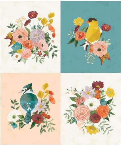 Panel - Winged Melody C15918 - 36" x 43" Birds and Bouquets
