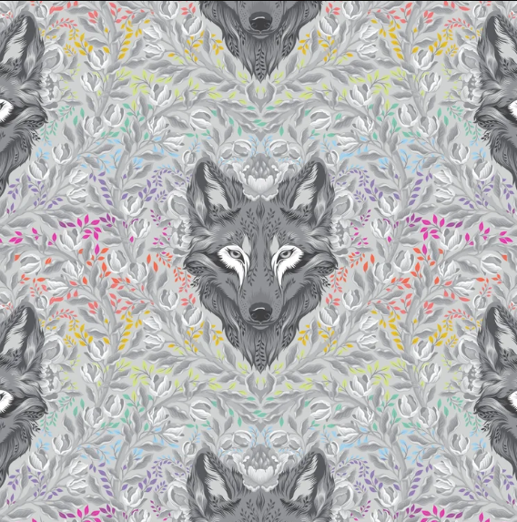 Tula Pink~ Graywork 'Wolf of Pink Street' (Fog)