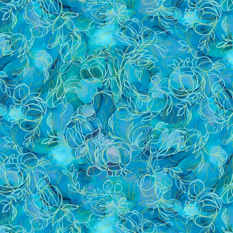 Fabric - Painted Sea Flowing Linework - Teal