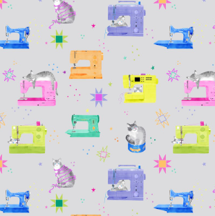 Fabric - Quilty Helpers - Blue with Sewing Machines & Cats