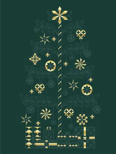 Christmas Stitchery Panel - Sashiko Tree - Green and Gold
