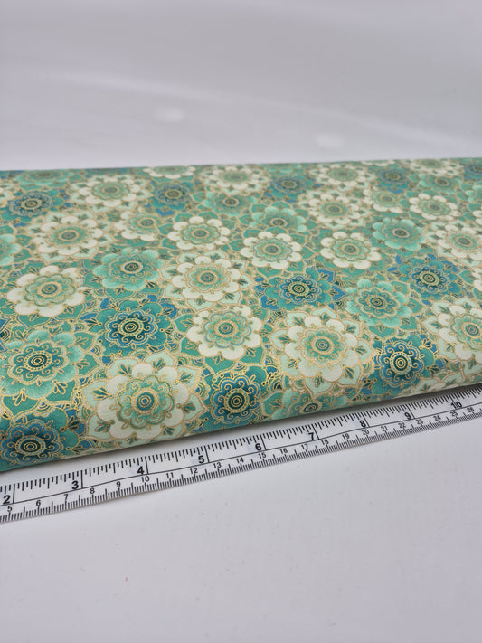 Japanese Fabric - Floral Medalions (Aqua/Metallic)