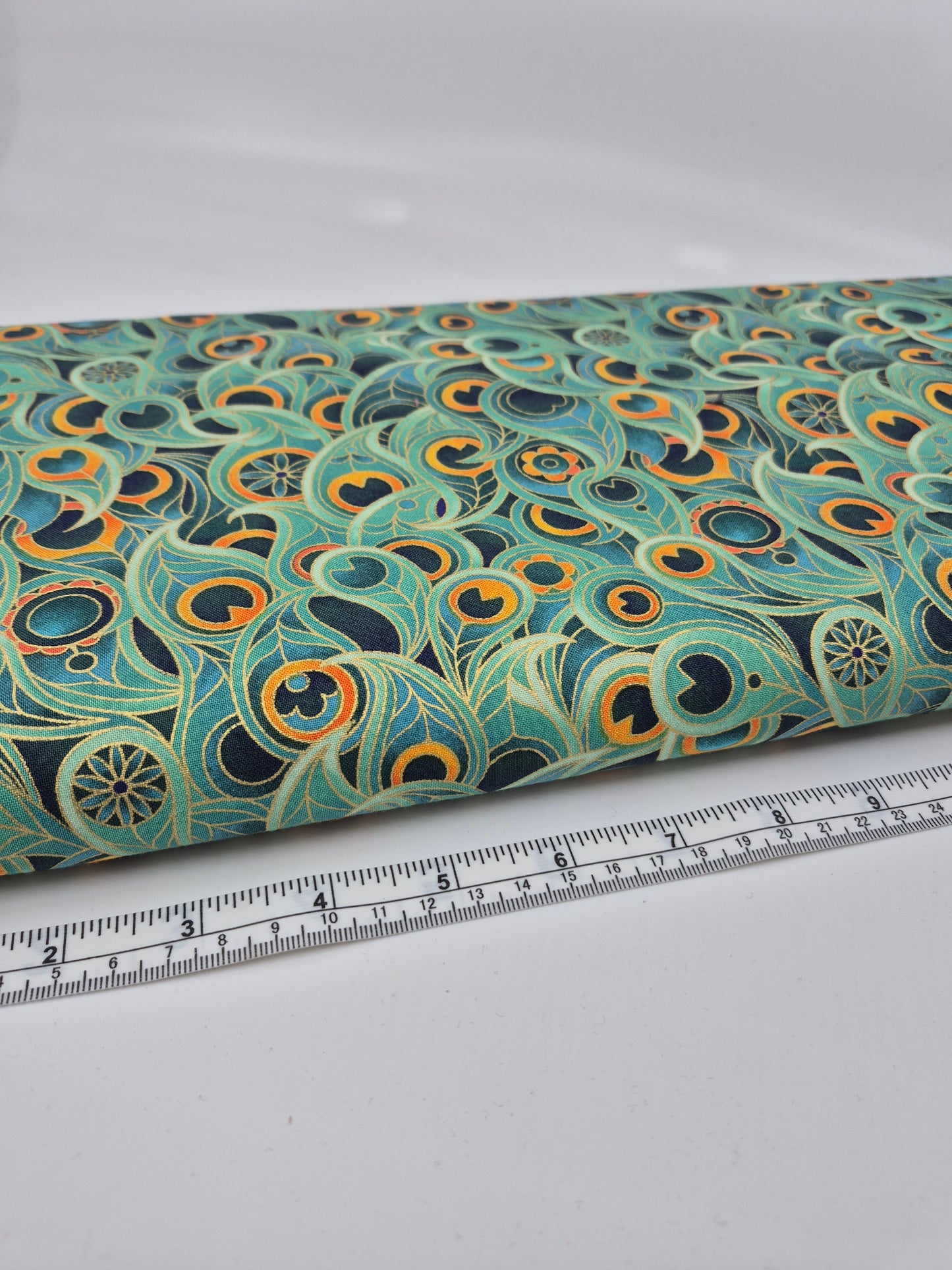 Japanese Fabric - Peacock Feathers (Teal/Metallic)